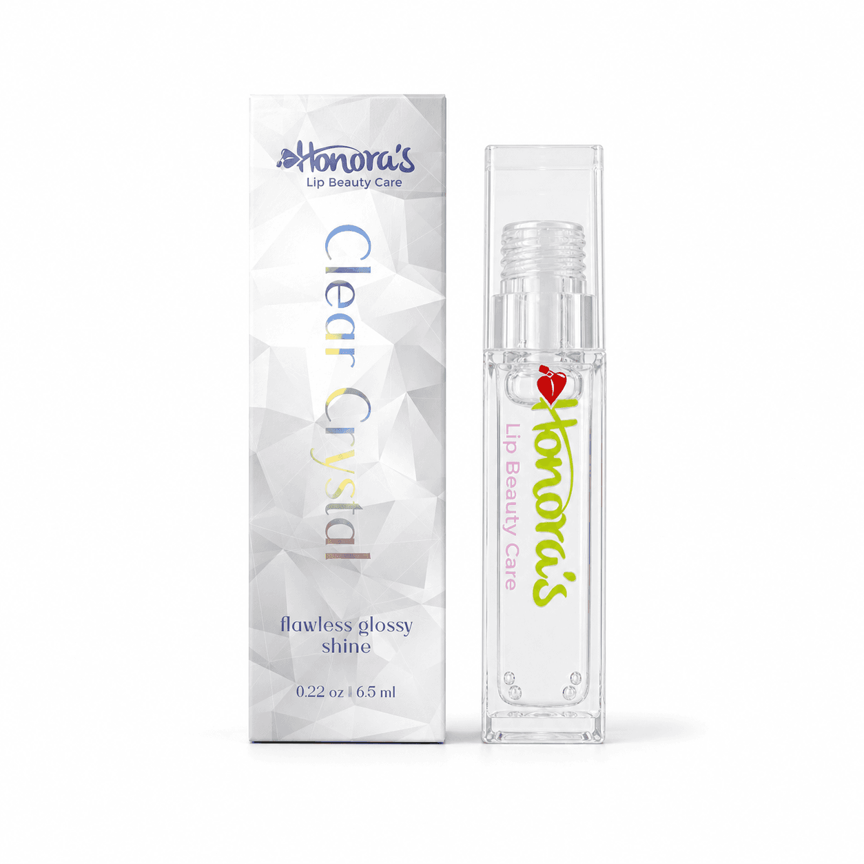 Honoras Clear Crystal Lip Gloss front product packaging and tube