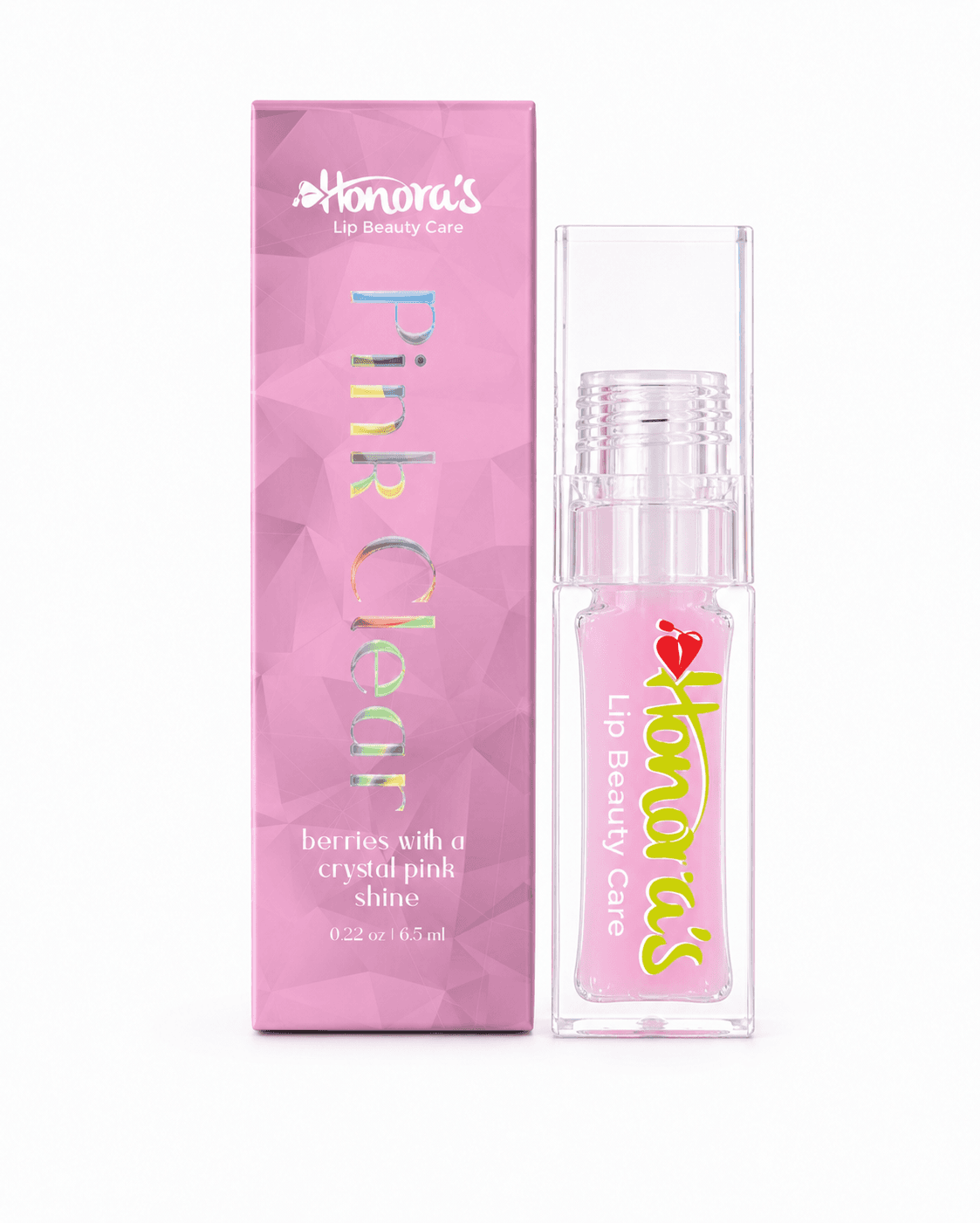 Honoras Pink Clear Lip Gloss front product packaging and tube