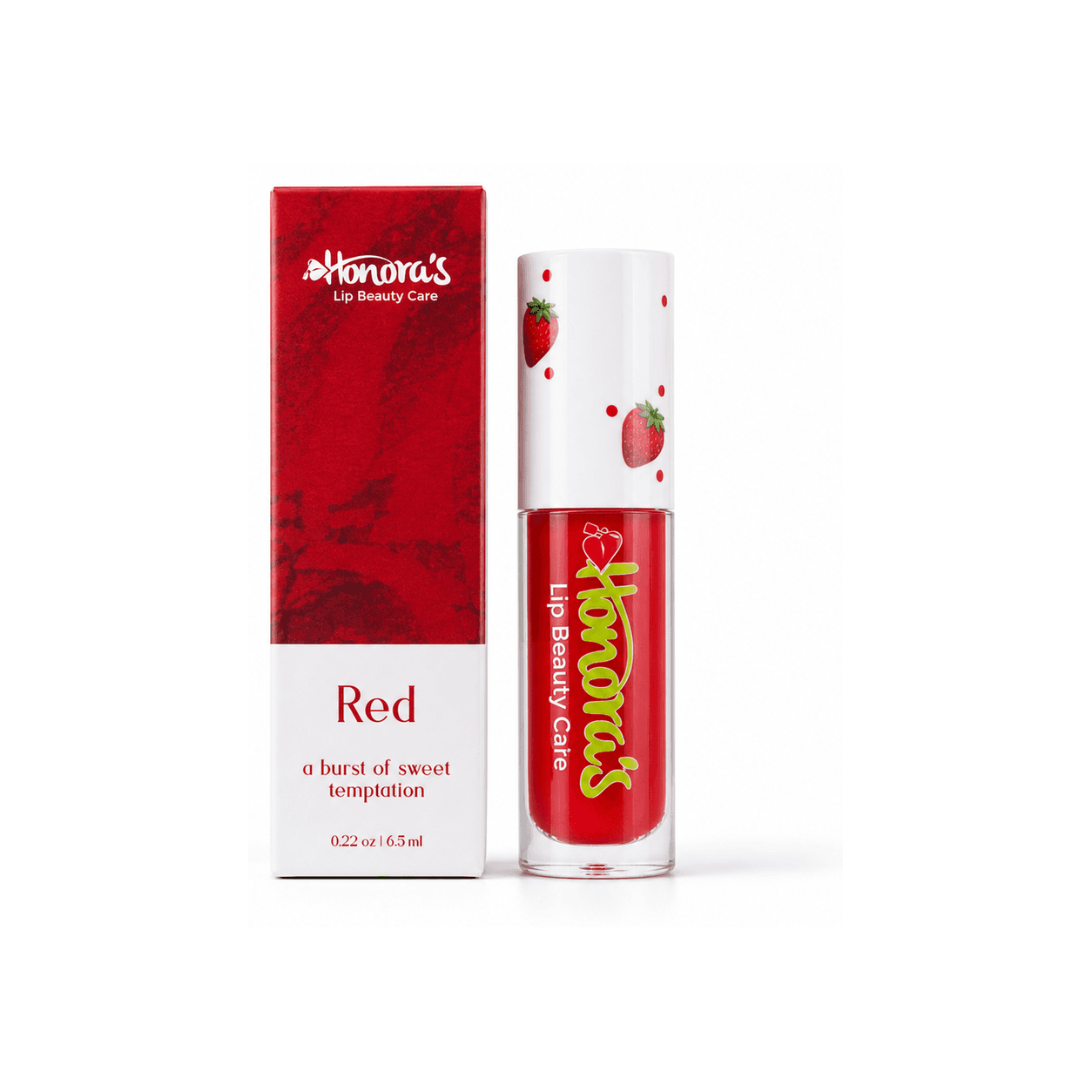 Honoras Red Lip Gloss front product packaging and tube