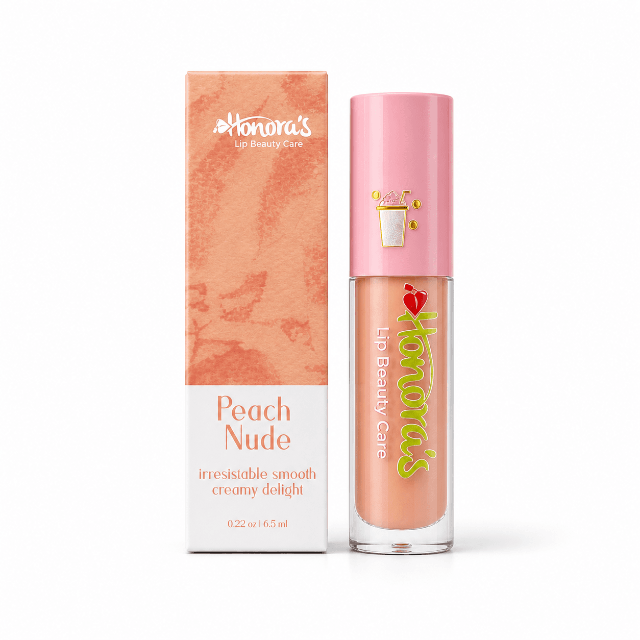 Honoras Peach Nude Lip Gloss front product packaging and tube