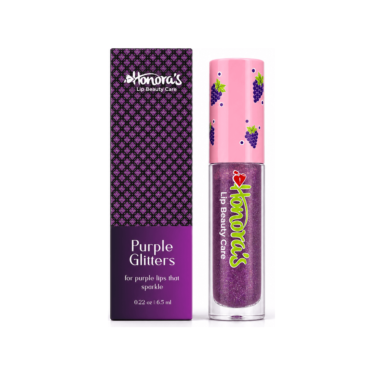 Honoras Purple Glitters Lip Gloss front product packaging and tube