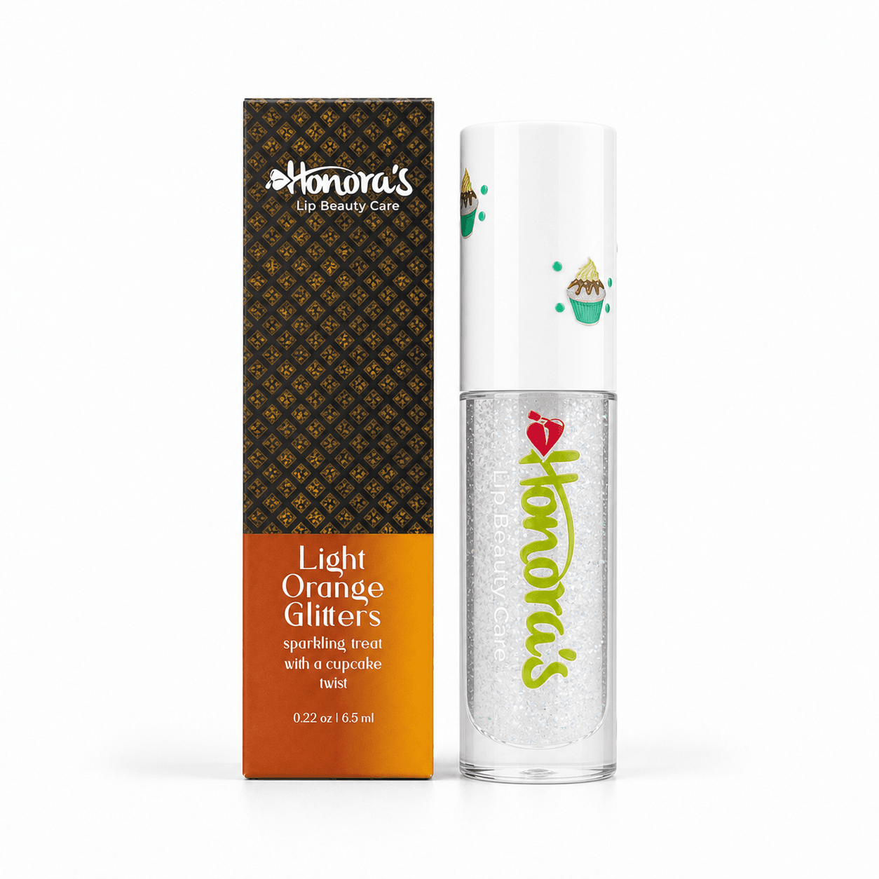Honoras Light Orange Glitters Lip Gloss front product packaging and tube